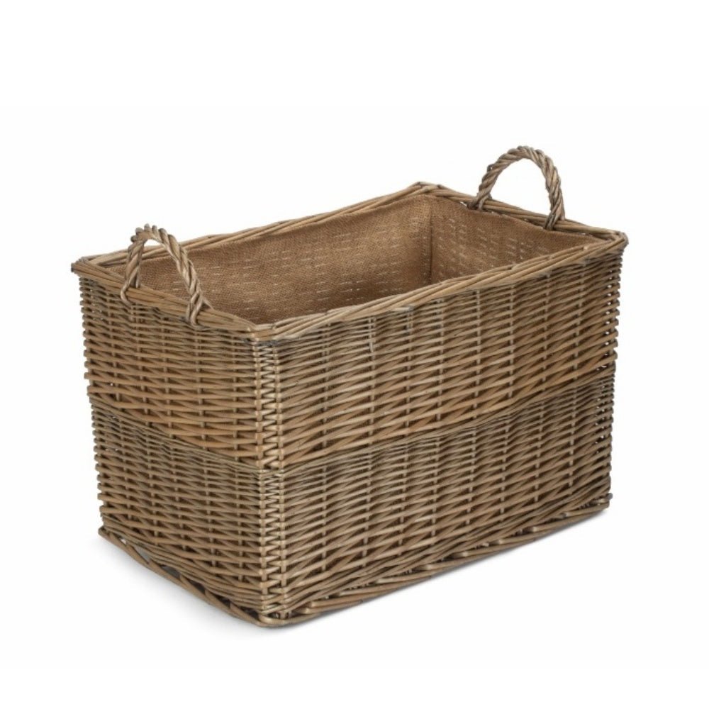 Large Willowmere wicker basket in antique wash with hessian lining, rustic countryside style on blank background