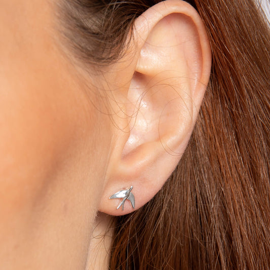 Blue Birds stud earrings worn model shot - Laura Ashley Silver UK