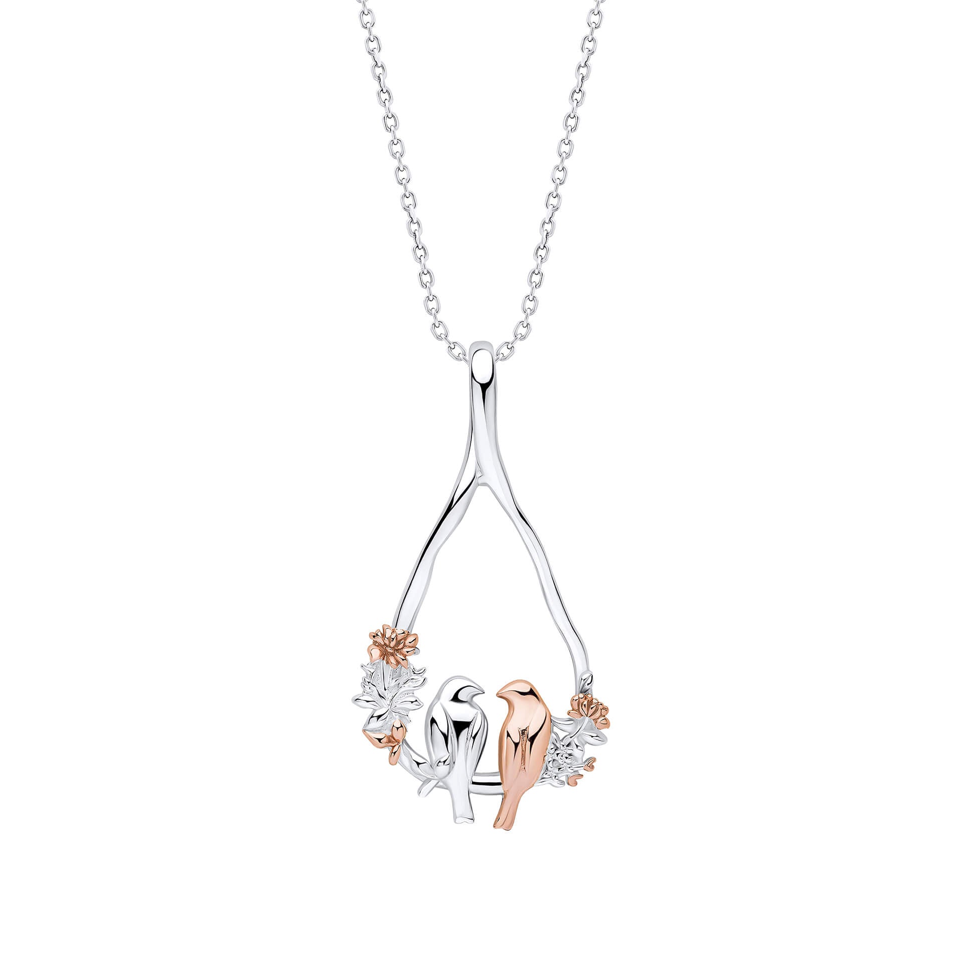 Laura Ashley love birds necklace recycled sterling silver rose gold plated UK
