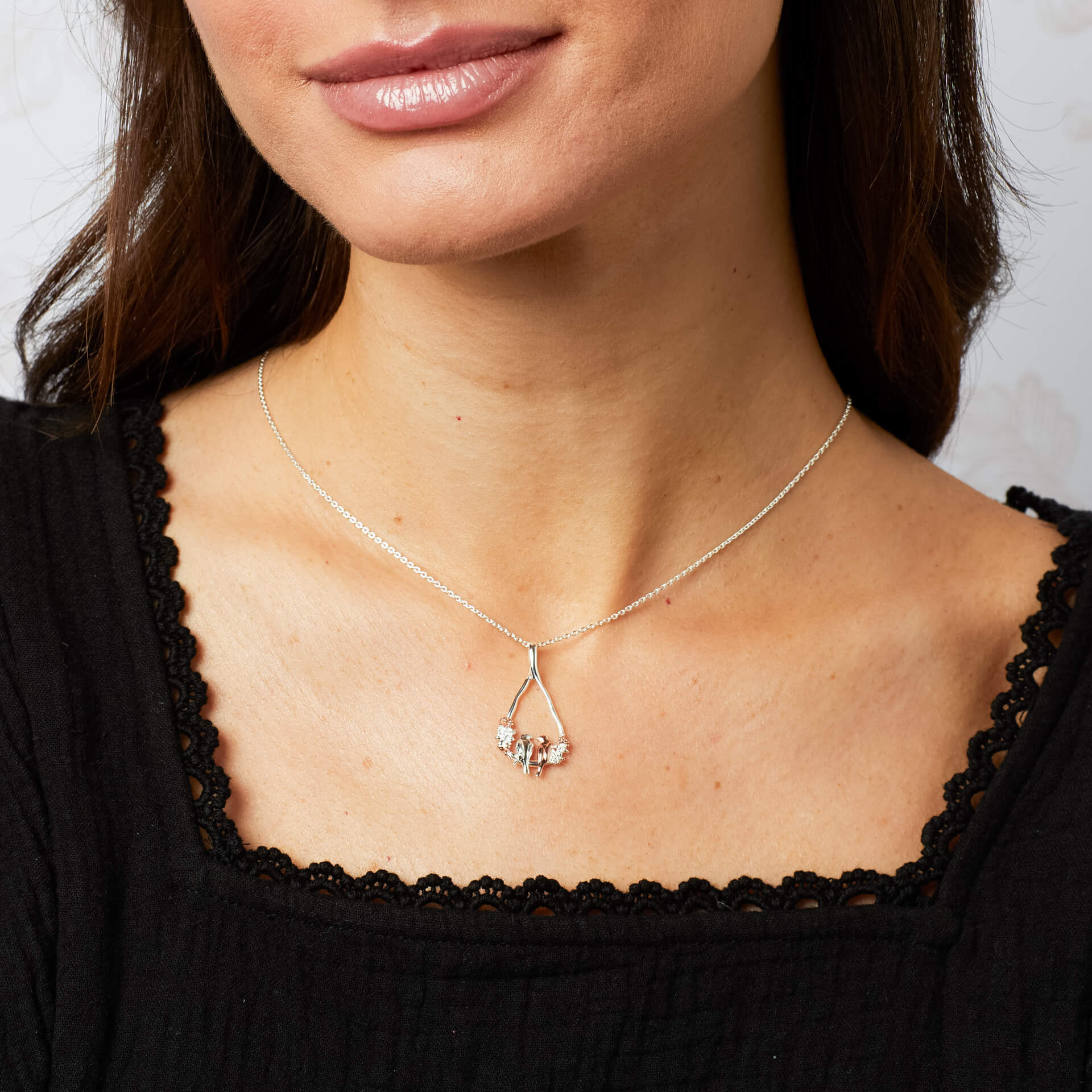 Laura Ashley love birds necklace worn sterling silver rose gold plated UK
