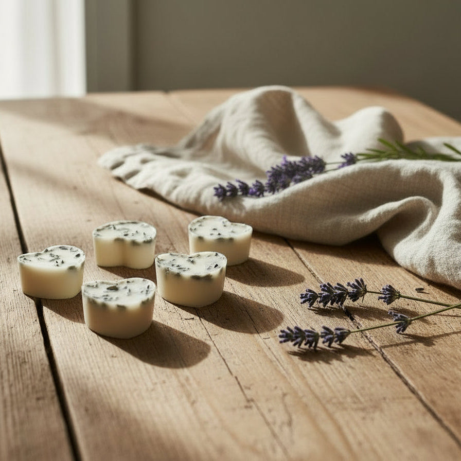 Lavender ylang ylang wax melts with lavender petals on table surrounded by fresh lavender sprigs
