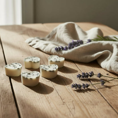 Lavender ylang ylang wax melts with lavender petals on table surrounded by fresh lavender sprigs
