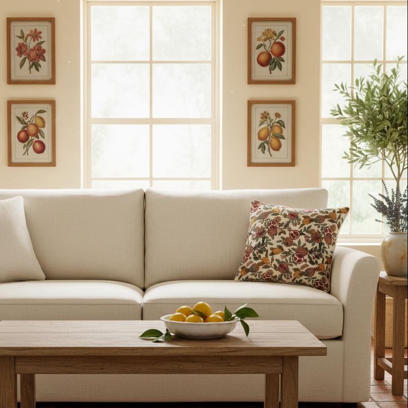 Lemon pomegranate cushion styled cream sofa cottage living room UK interior