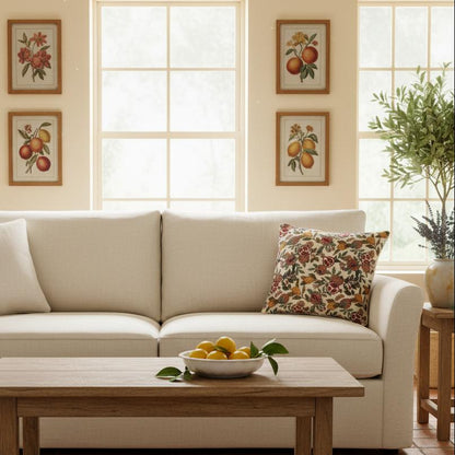 Lemon pomegranate cushion styled cream sofa cottage living room UK interior