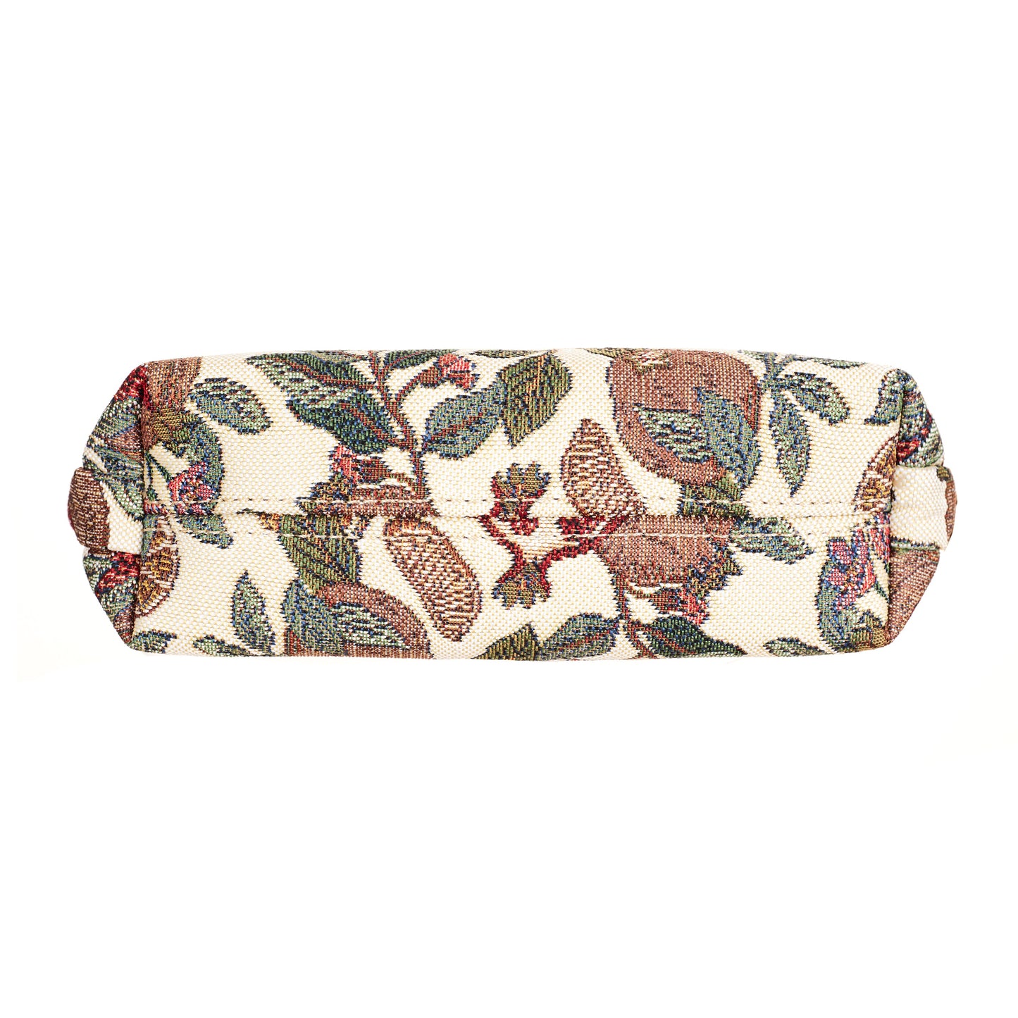 Tapestry cosmetic bag eco-dyed yarn vegan leather detail UK