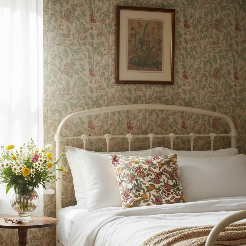 Lemon pomegranate tapestry cushion cottage bedroom white linen UK country home