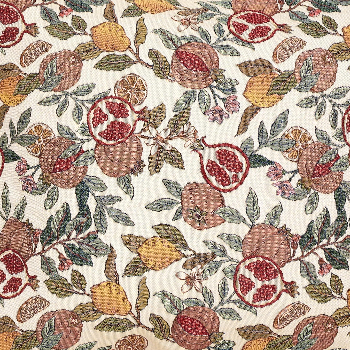 Lemon pomegranate tapestry fabric close-up woven detail eco-dyed texture UK
