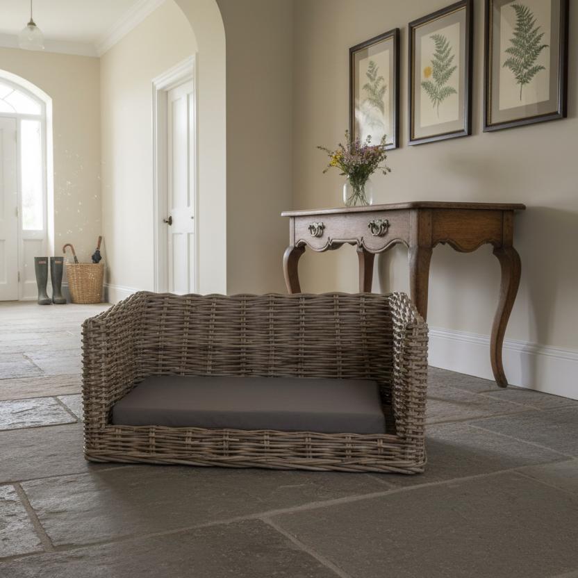 uxury Kubu rattan dog bed in period property hallway British cottage interior