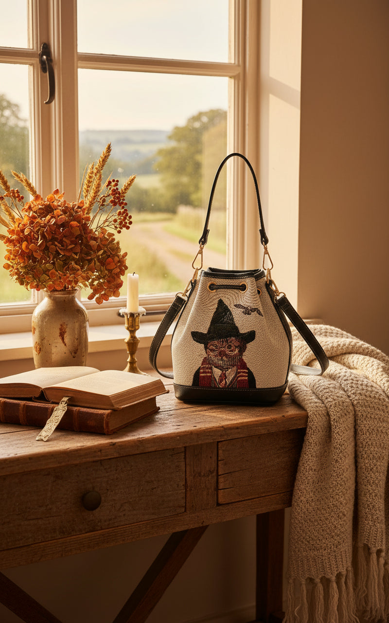 Magical cat tapestry bucket bag with vegan leather trim displayed on hall console table