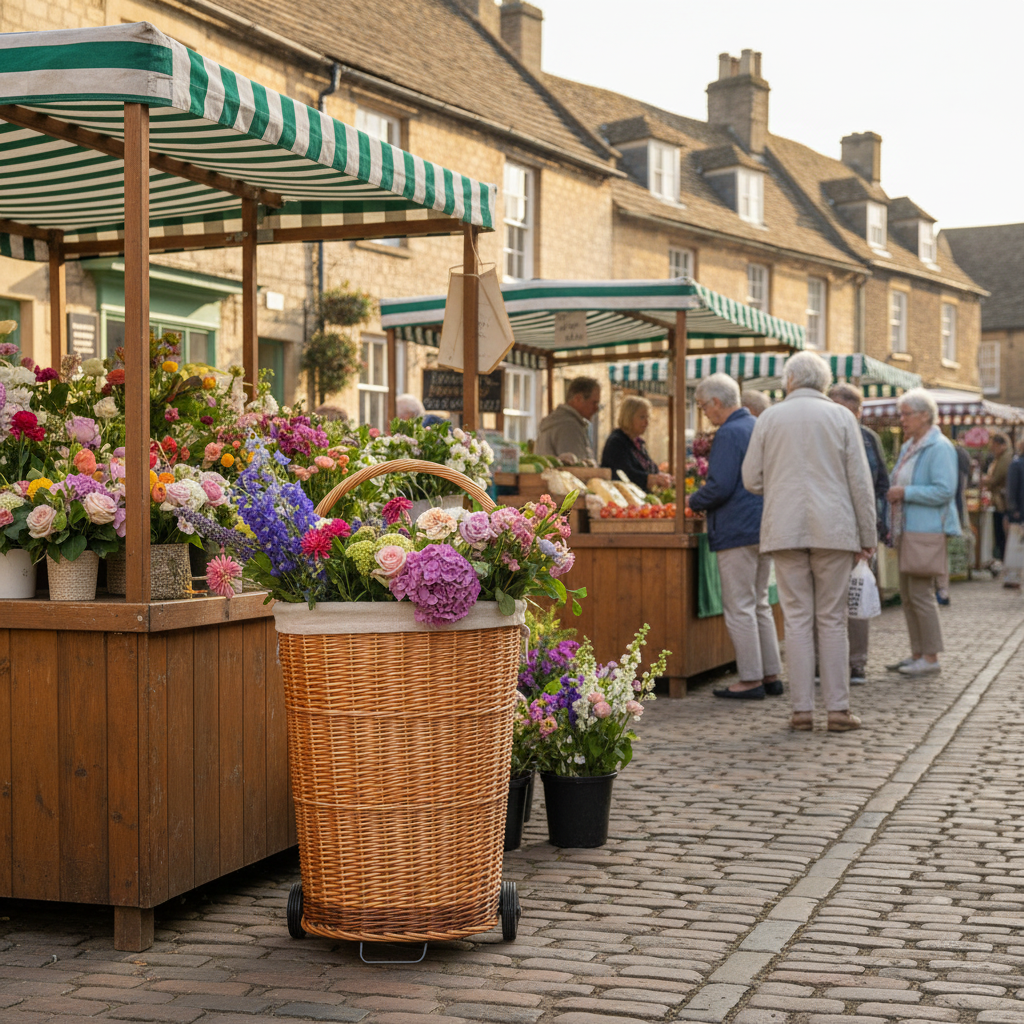 Malbury willow trolley with lid village market square flower stall UK
