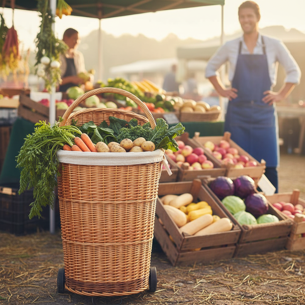 Malbury willow trolley farmers market vegetable stall seasonal produce UK

