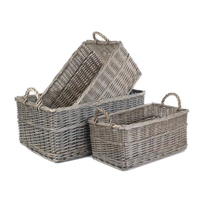 Shallow antique wash wicker storage basket handcrafted natural UK