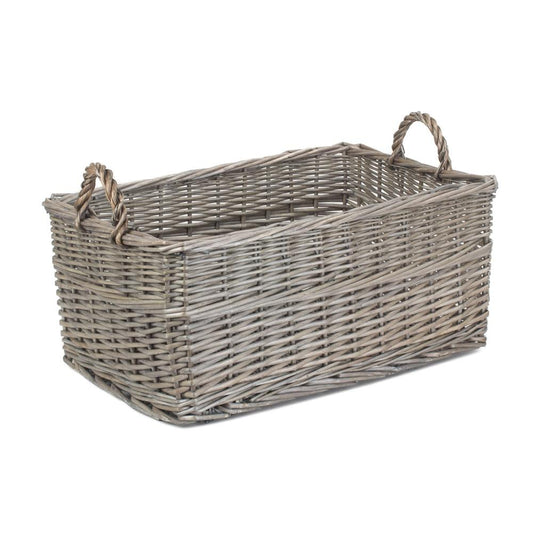 Antique wash wicker storage basket shallow design rustic detail UK