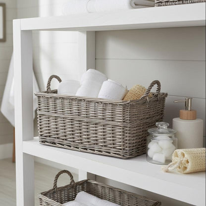Shallow wicker storage basket bathroom shelf towels toiletries rustic UK
