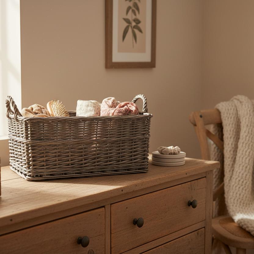 Antique wash shallow wicker basket bedroom dresser accessories rustic UK
