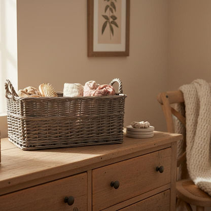 Antique wash shallow wicker basket bedroom dresser accessories rustic UK

