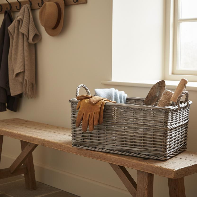 Shallow wicker storage basket boot room utility countryside styling UK
