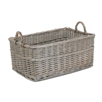 Shallow wicker storage basket hallway console styling rustic UK

