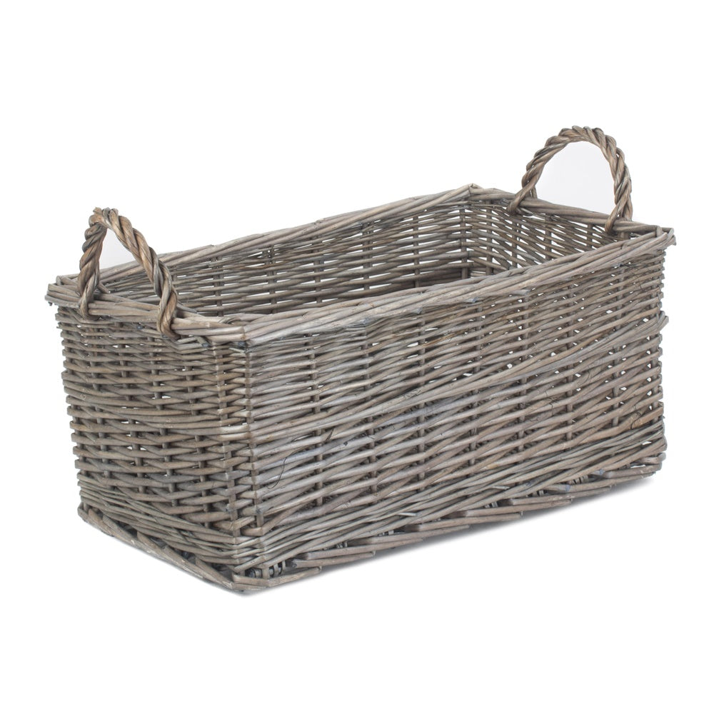 Handcrafted shallow wicker basket antique wash finish natural UK
