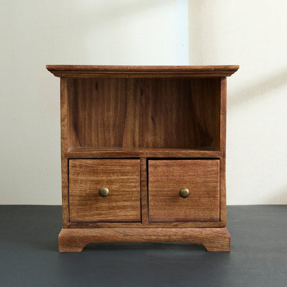 Mango wood cabinet 2 drawer kitchen storage UK rustic finish carved handles