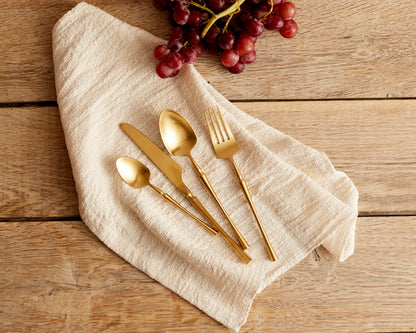 Kensington matte gold cutlery set 16 24 piece flatware on linen napkin UK