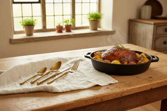 Matte gold cutlery set beside farmhouse Sunday roast countryside kitchen UK