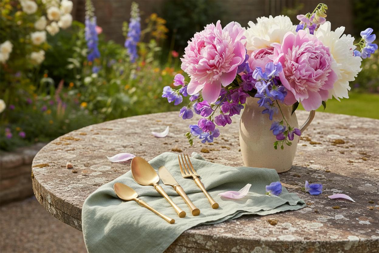 Matte gold cutlery set on stone terrace with peonies cottage garden UK