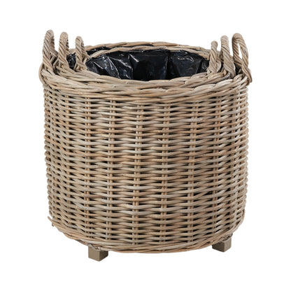 Mousehole Mist grey Kubu rattan planters set of 3 with rope handles UK heritage garden
