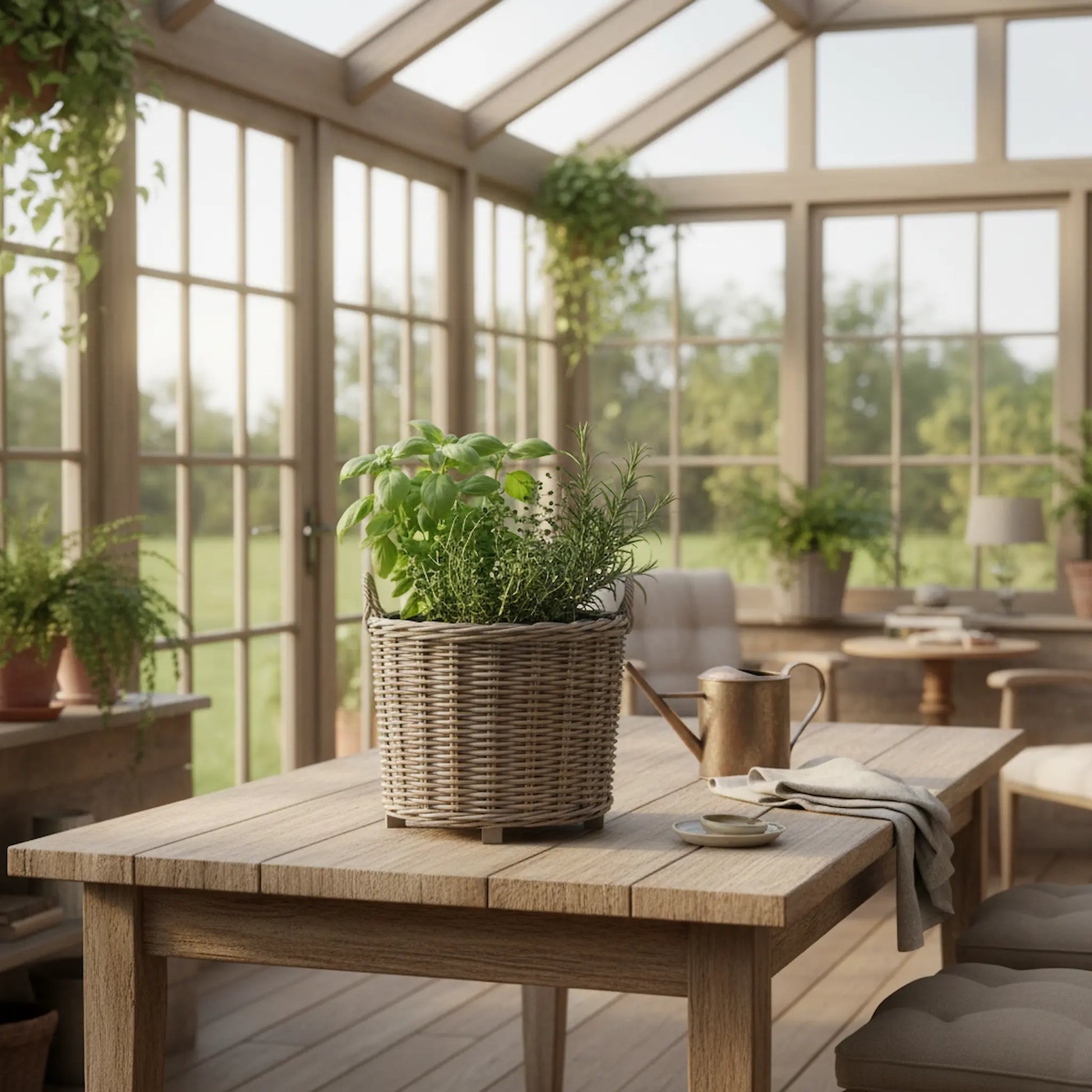 Mousehole Mist planter with fresh herbs on rustic table UK conservatory kitchen garden