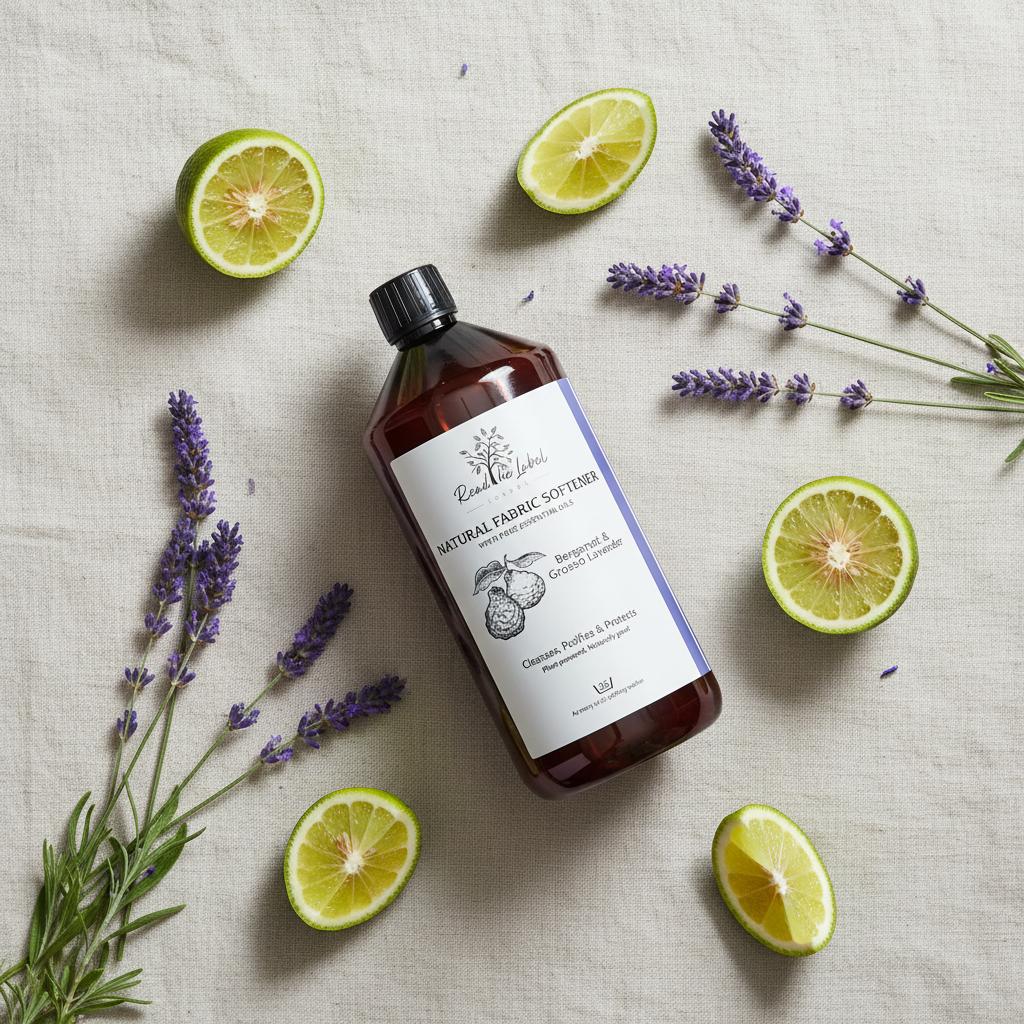 Natural fabric softener bergamot lavender botanical flat lay plant-based UK