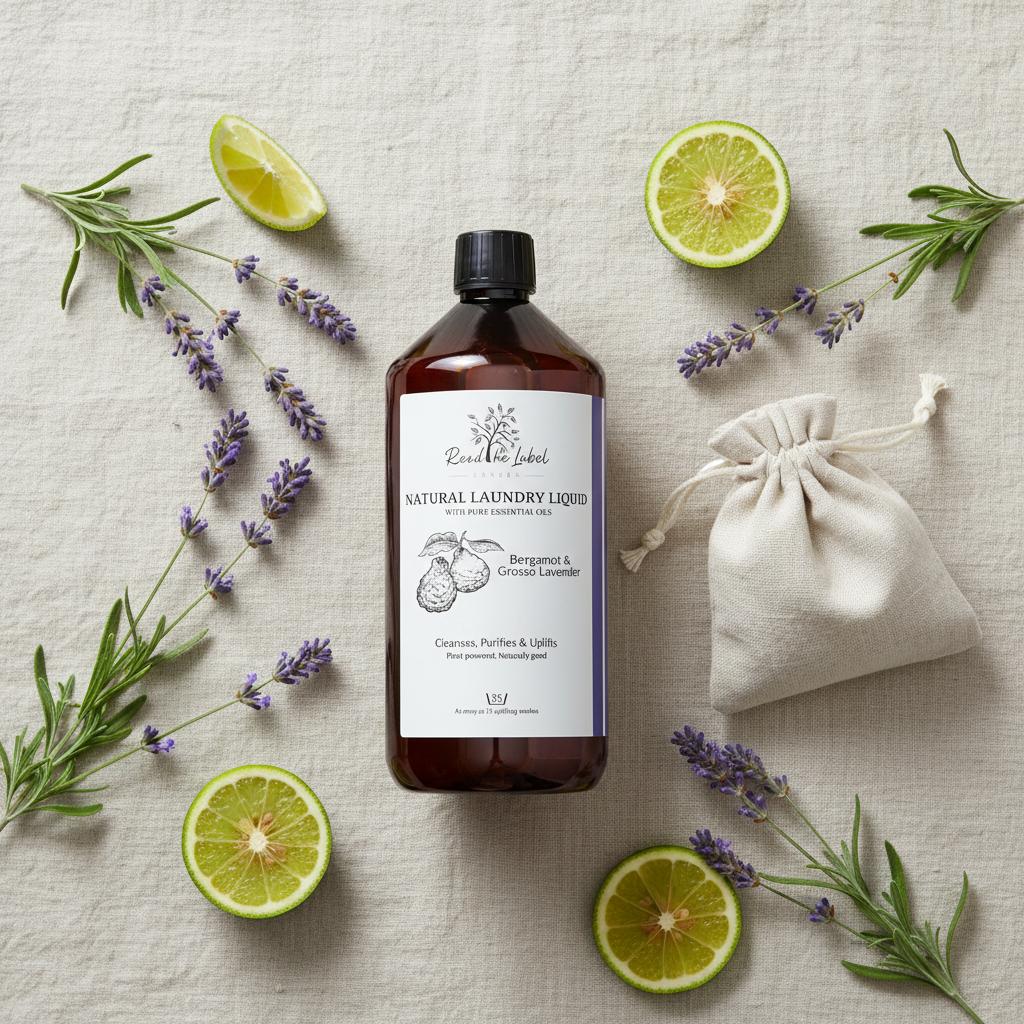 Natural laundry liquid bergamot grosso lavender botanical flat lay plant-based UK