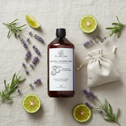 Natural laundry liquid bergamot grosso lavender botanical flat lay plant-based UK