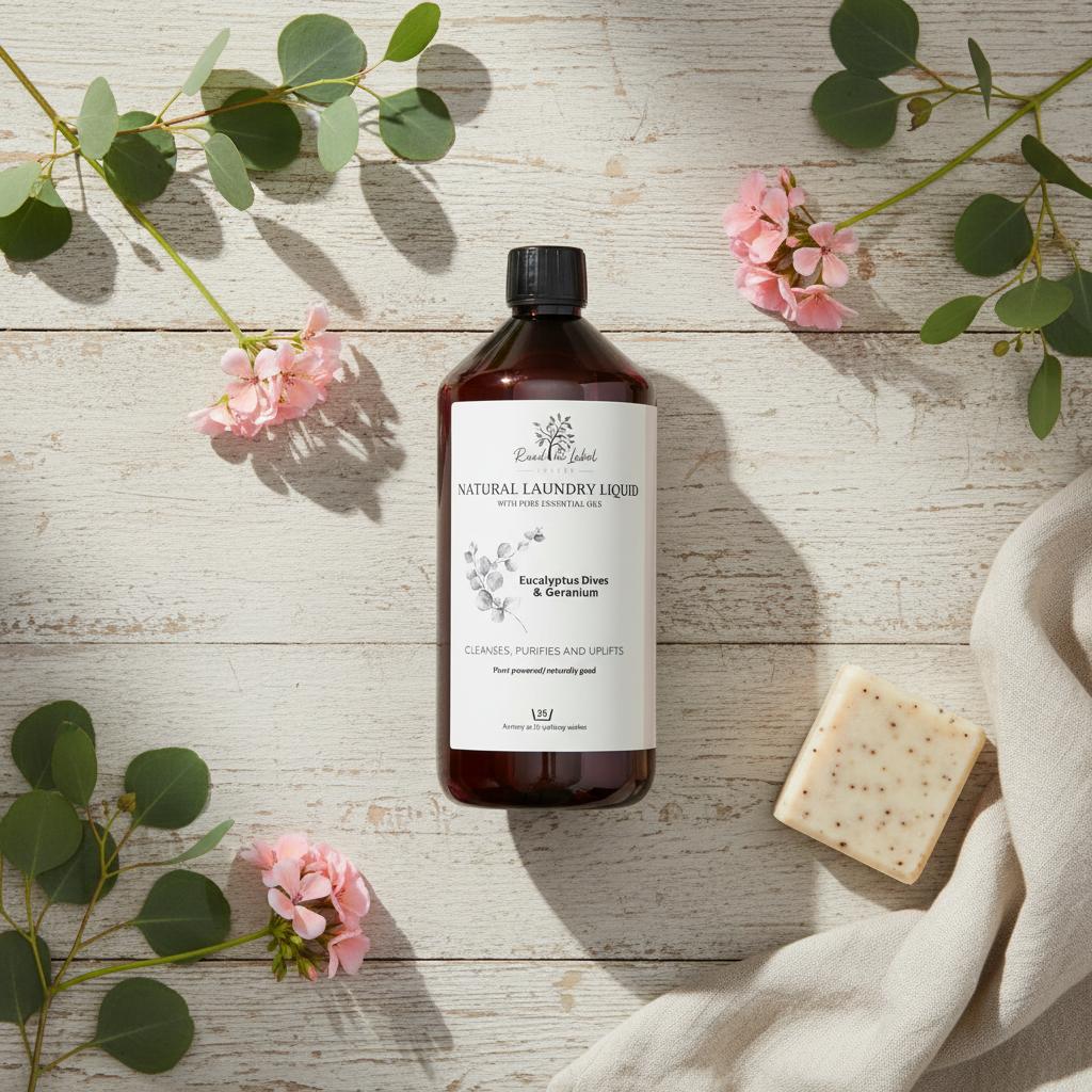 Natural Laundry Liquid Eucalyptus Geranium Flat Lay Farmhouse Linen UK