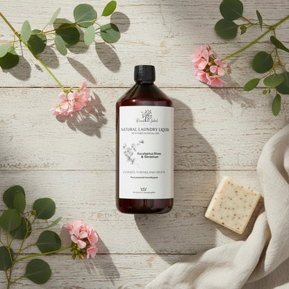 Natural Laundry Liquid Eucalyptus Geranium Flat Lay Farmhouse Linen UK