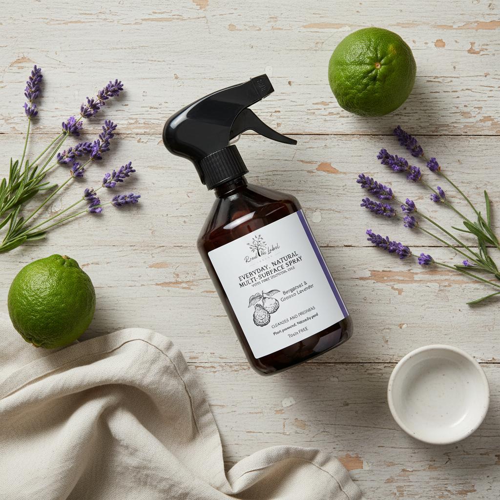 Natural Multi-Surface Spray Bergamot Grosso Lavender Botanical Flat Lay UK