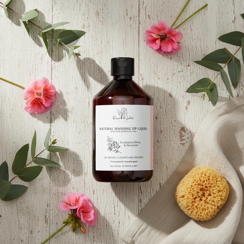 	Natural Washing Up Liquid Eucalyptus Dives Geranium Botanical Flat Lay UK