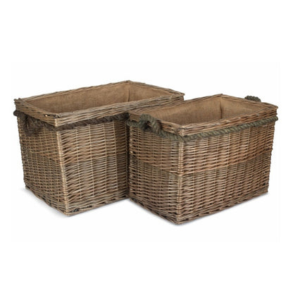 Ombersley antique wash willow log basket rope handles hessian lined two sizes UK