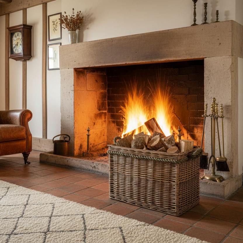 Ombersley large willow log basket rope handles hessian lining fireside UK