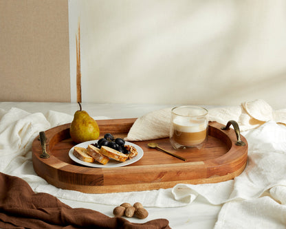 Oval fir wood tray with brass handles Branlow Hearth Tray ready and set for breakfast
