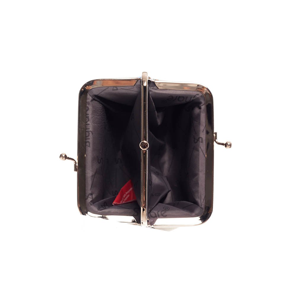 Inside view of Paddington Bear frame purse, eco tapestry lining, compact interior, clasp detail, whimsical gift style