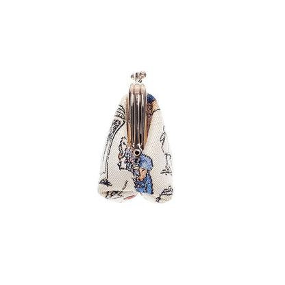 Side view of Paddington Bear frame purse in eco tapestry, soft beige tones, curved clasp, compact heritage style