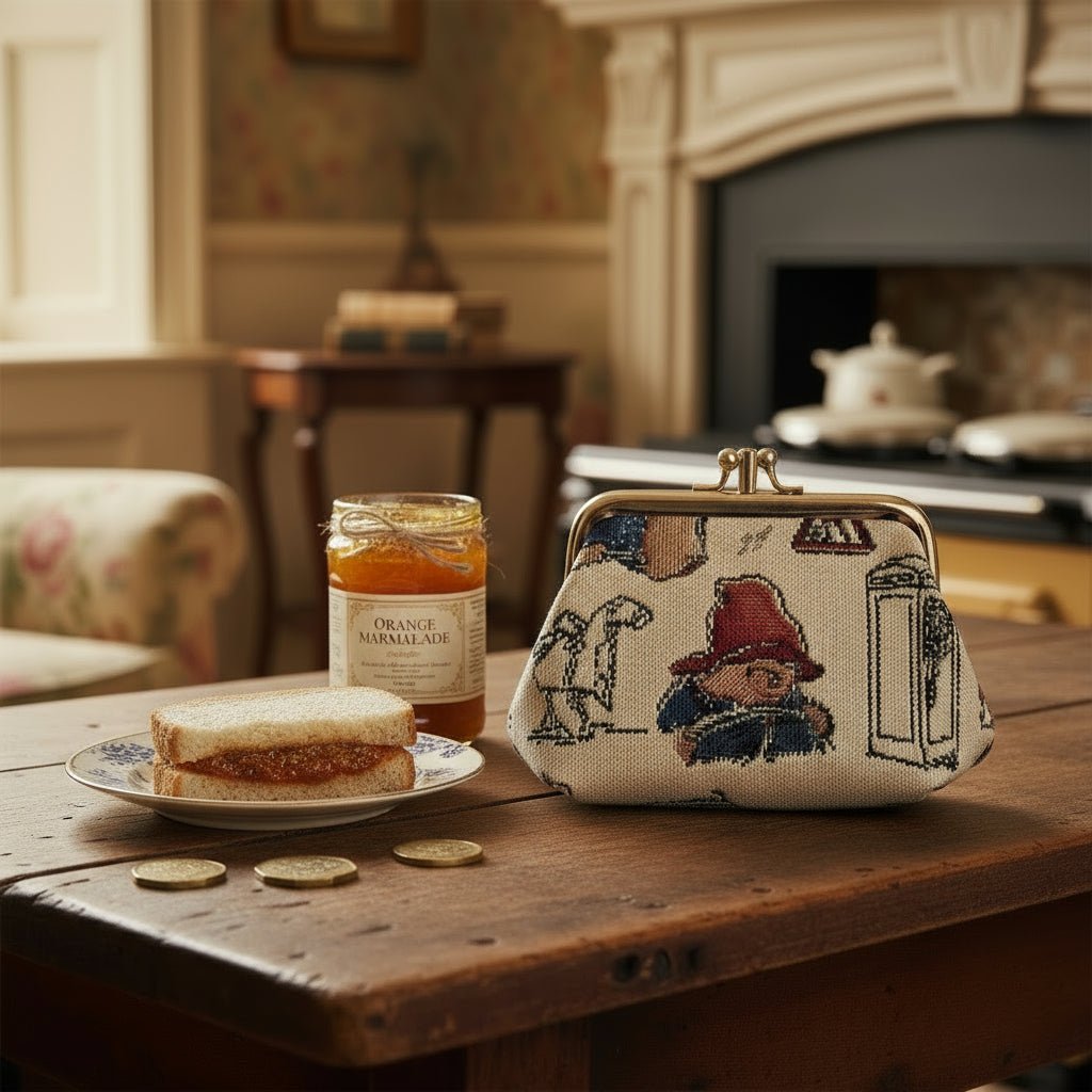 Paddington Bear frame purse on table with coins and marmalade sandwich, eco tapestry, warm beige tones, whimsical gift styling