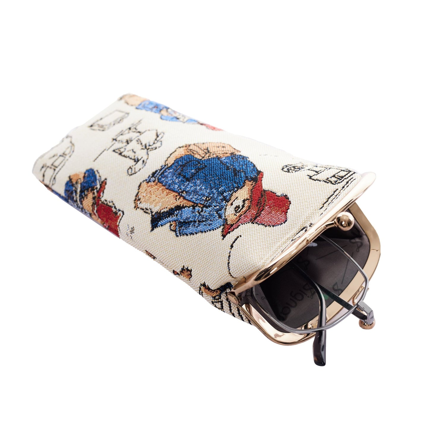 Open Paddington Bear tapestry glasses case in multicolour with clasp, showing glasses nestled inside, compact and protective pouch