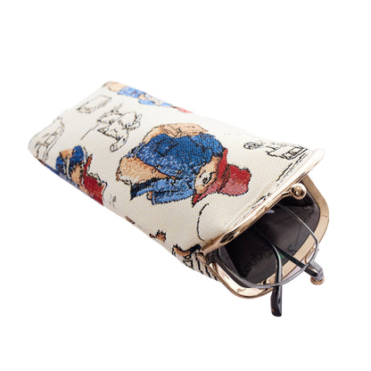 Open Paddington Bear tapestry glasses case in multicolour with clasp, showing glasses nestled inside, compact and protective pouch