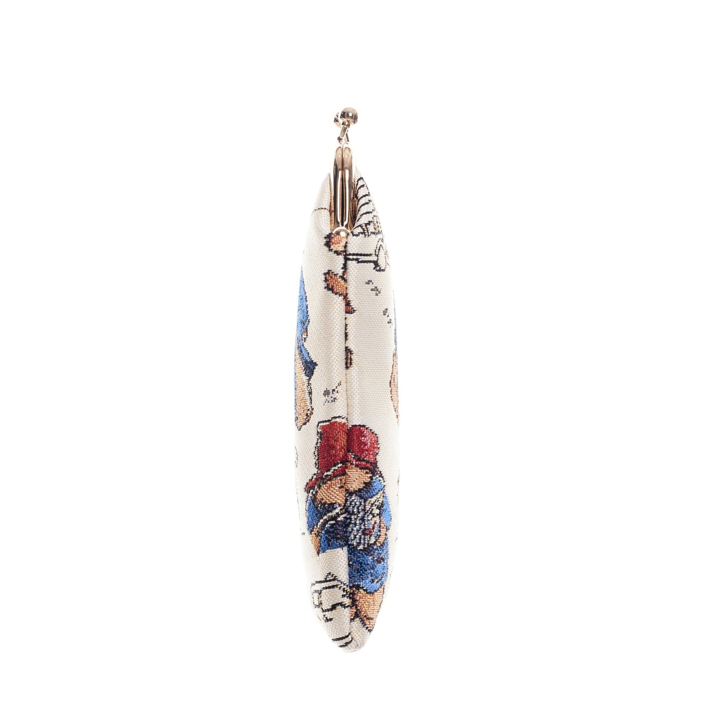 Side view of Paddington Bear tapestry glasses case in multicolour with vintage clasp, slim profile for compact storage