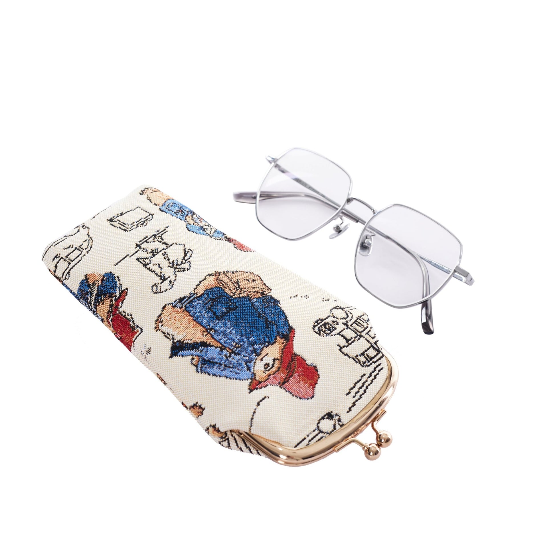 Paddington Bear tapestry glasses case in multicolour with clasp, shown beside glasses on white background, compact and protective pouch