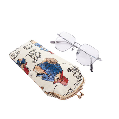 Paddington Bear tapestry glasses case in multicolour with clasp, shown beside glasses on white background, compact and protective pouch