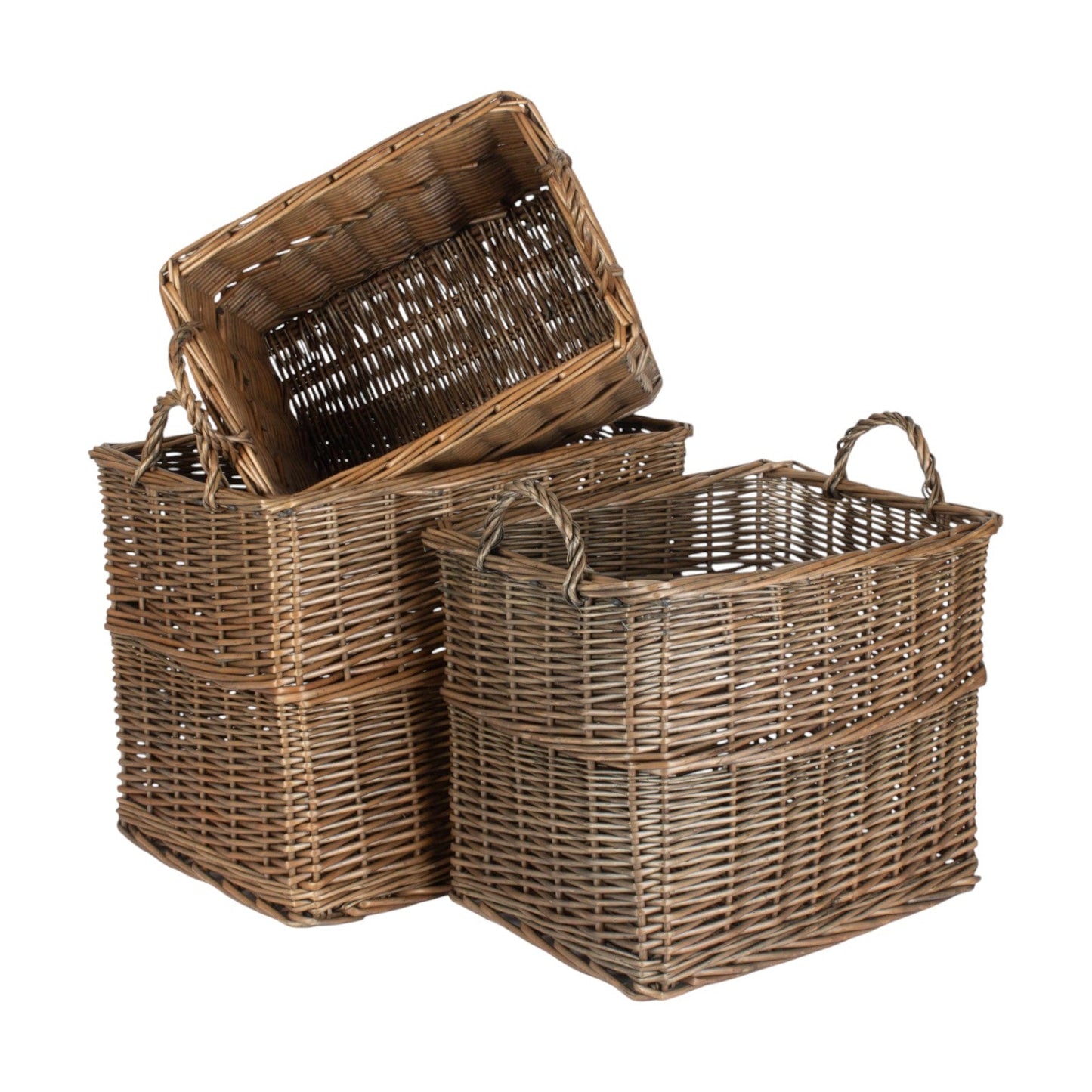 Pershore rectangular antique wash unlined wicker log basket set UK