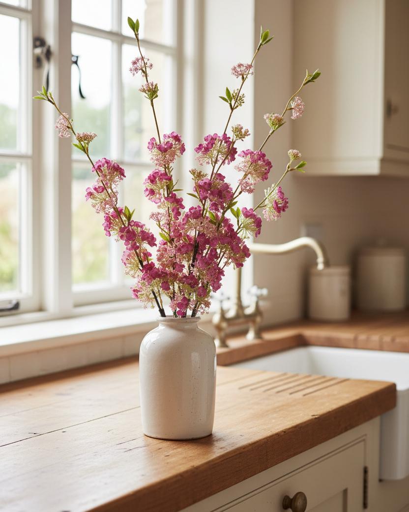 Pink blossom stems kitchen worktop vase UK farmhouse country styling