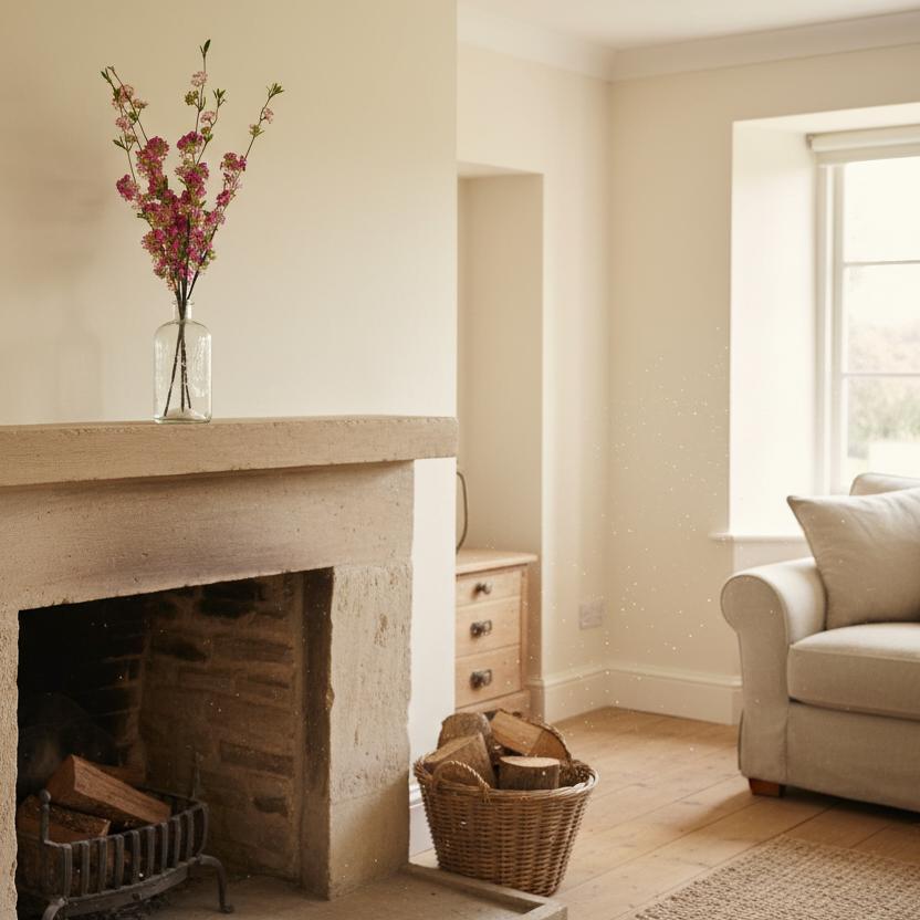 Pink blossom stems mantelpiece cottage living room UK spring home decor